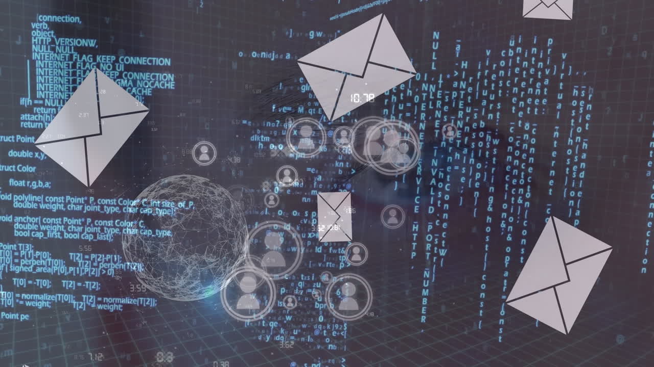 Animation of data processing, envelopes and digital people icons over globe