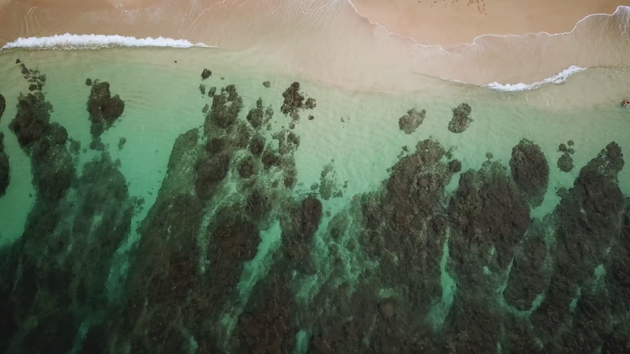 panorâmica aérea sobre ondas quebrando em uma praia de recife de coral, vista aérea