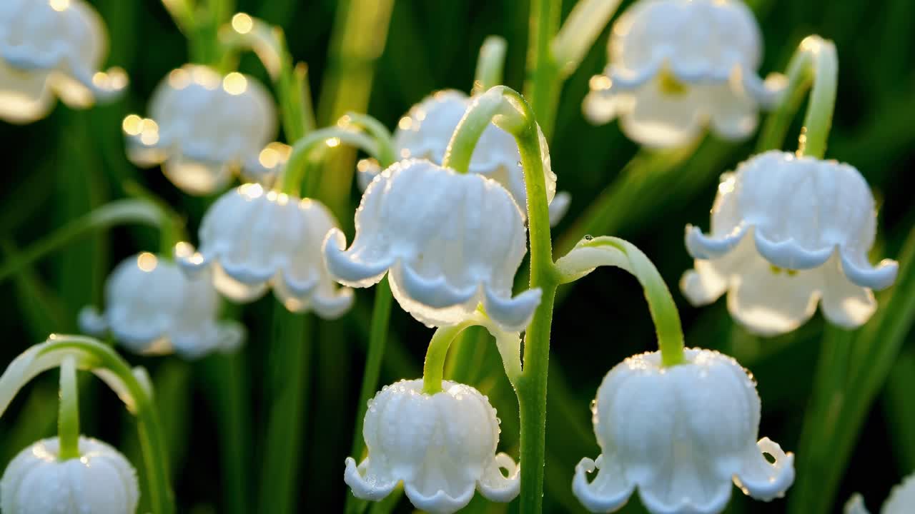 Close-up video angle of delicate white flowers with morning dew, capturing the serene beauty
