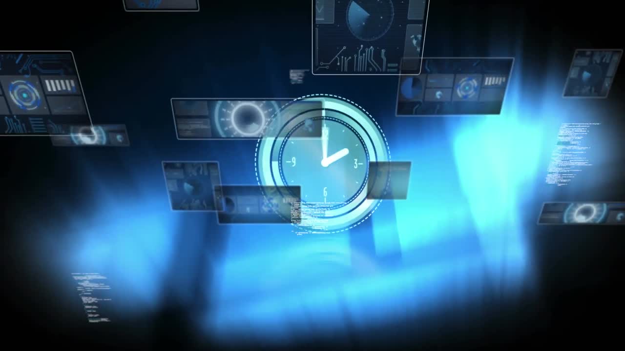Animation of clock, scopes scanning and data processing over screens on dark background