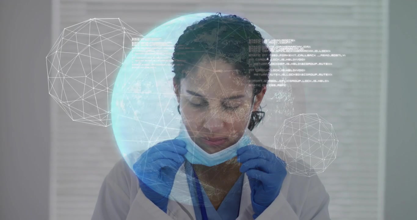 Medico che alza le mani, solleva la maschera, assicurando un'aderenza per la sicurezza clinica mentre appaiono sfere olografiche.