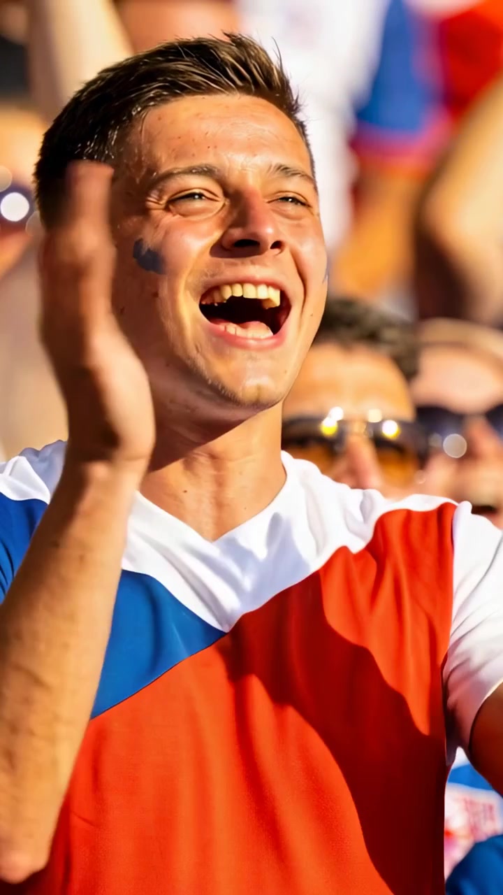 Video vertical: Hombre reaccionando a un gol, animando en las gradas con pintura facial azul y camiseta del equipo.
