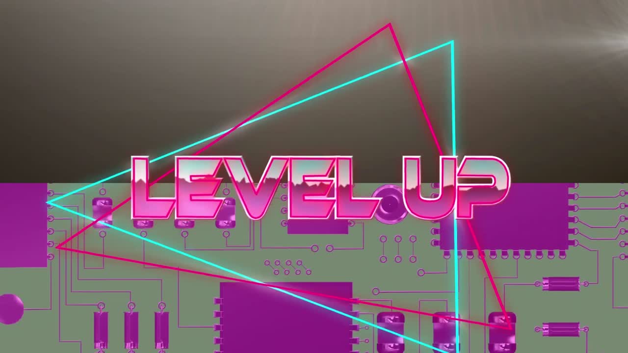 기하학적 모양과 프로세서 코어 위에 레벨 업 텍스트의 애니메이션