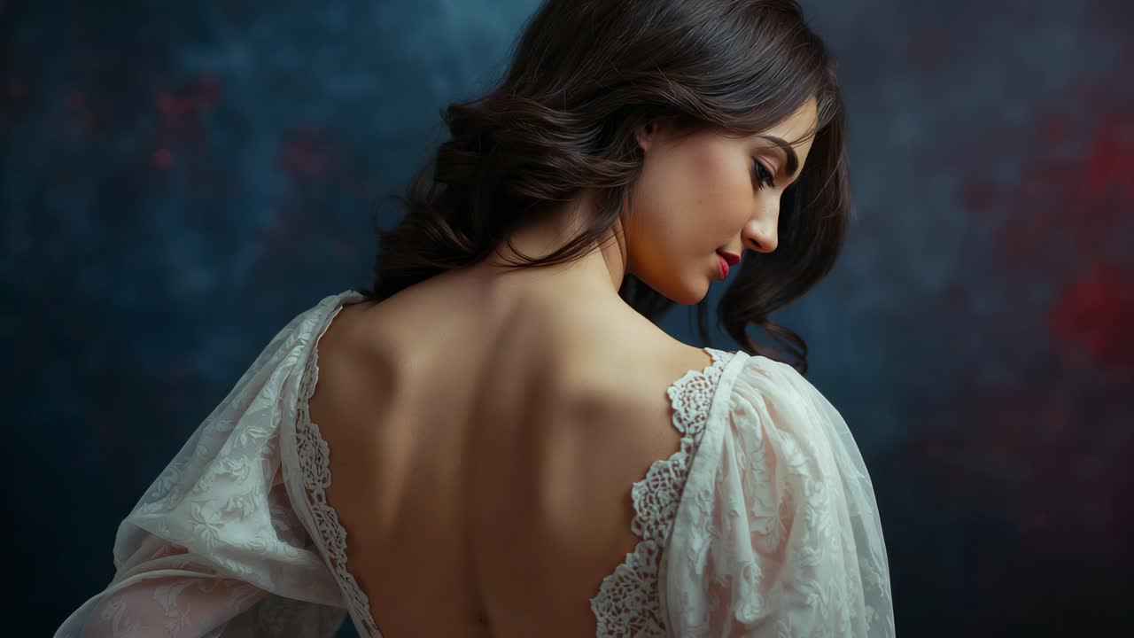 Camera rolling woman posing in studio turning torso and head right showing lace dress with backdrop