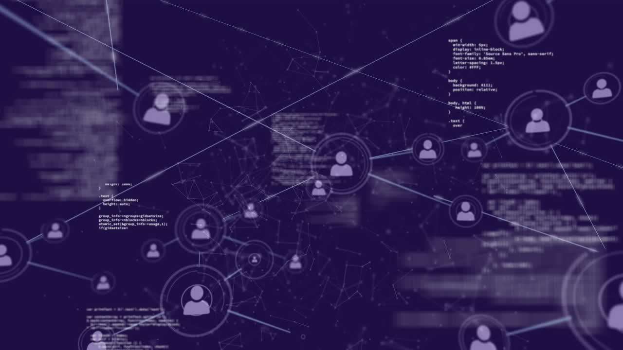 iconos de perfil y líneas asimétricas con códigos de programa