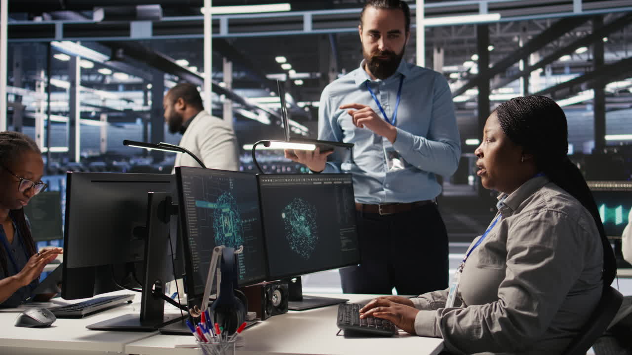 Vertical video Annoyed data center employee making rude hand gesture toward colleague