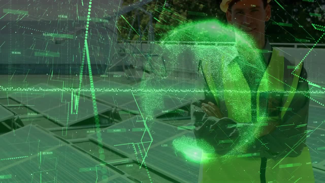 Display intensifying over solar panels drawing tech monitoring data with holographic globe