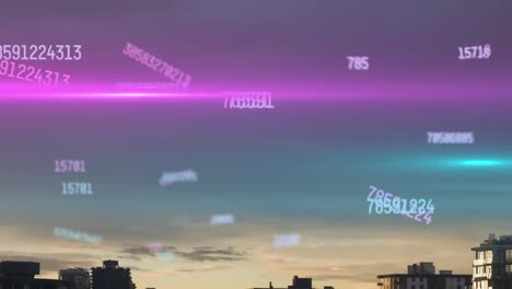 Animation-of-changing-numbers-and-lens-flares-over-modern-buildings-against-cloudy-sky