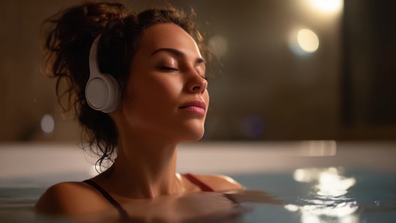 Un moment de détente serein alors qu'une femme profite d'un bain tranquille en écoutant de la musique apaisante avec son casque, entièrement immergée dans une solitude paisible.