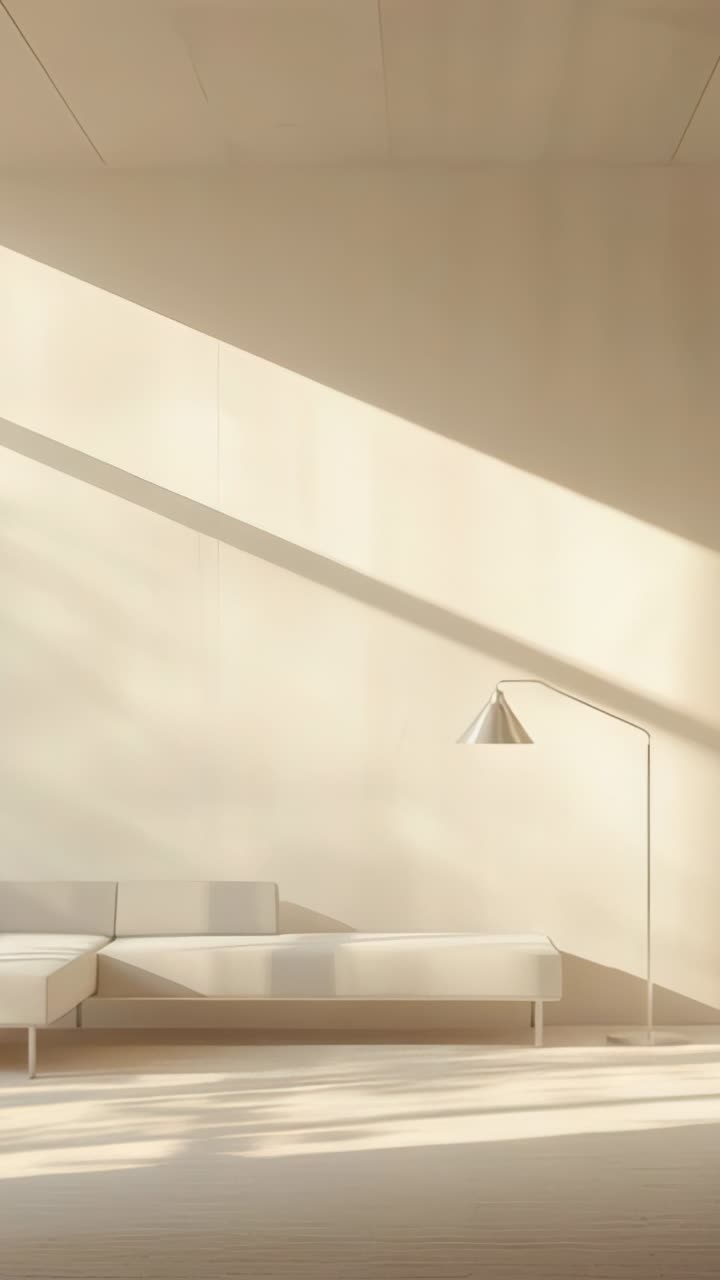 Vertical video: Camera panning across sunlit living room revealing sectional sofa lamp coffee table