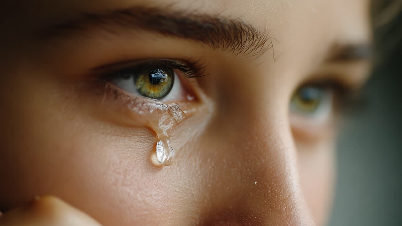 A Close-Up Perspective of an Emotional Moment Capturing a Tear Rolling Down the Cheek of a Young Person, Reflecting Deep Feelings and Vulnerability in Their Expression