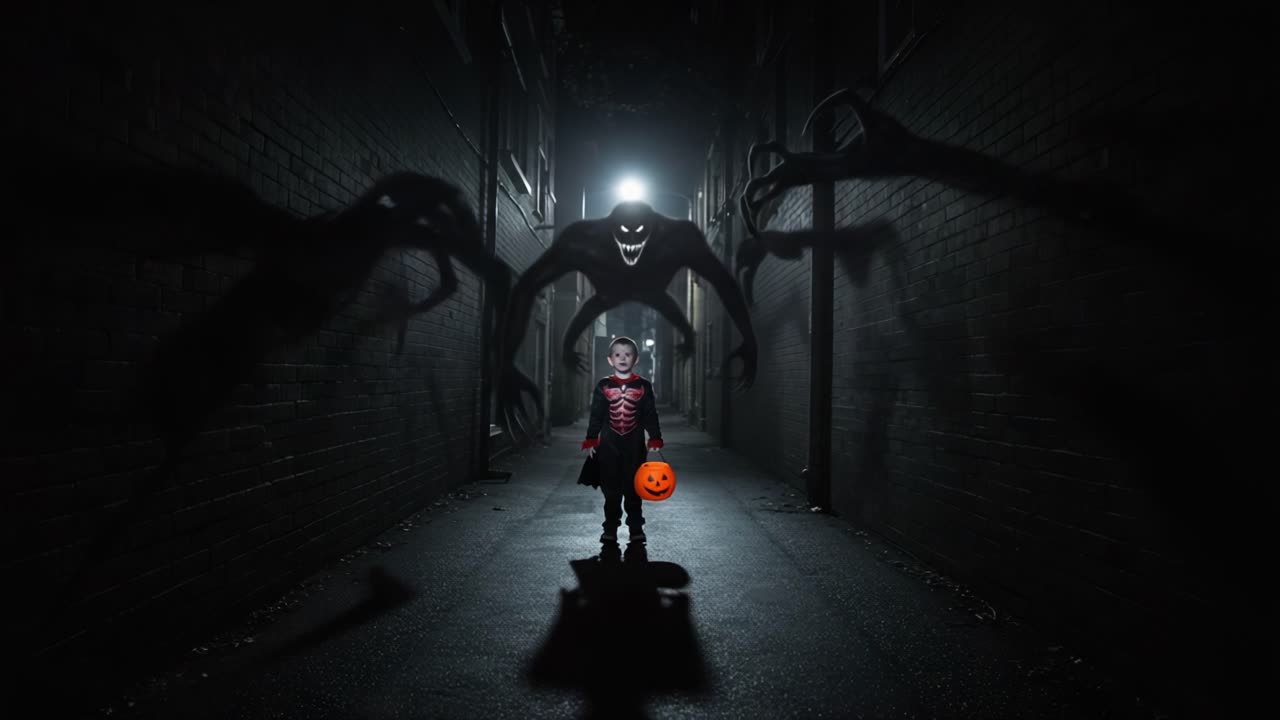 A Terrifying Halloween Encounter: A Young Child in a Skeleton Costume Faces Eerie Shadows and Monstrous Figures in a Dark Alleyway