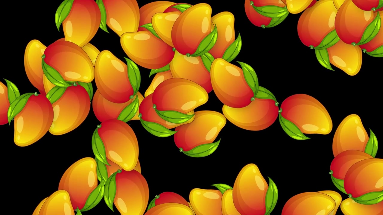 Mango illustrati e colorati cadono verticalmente su uno sfondo nero solido in un loop continuo.