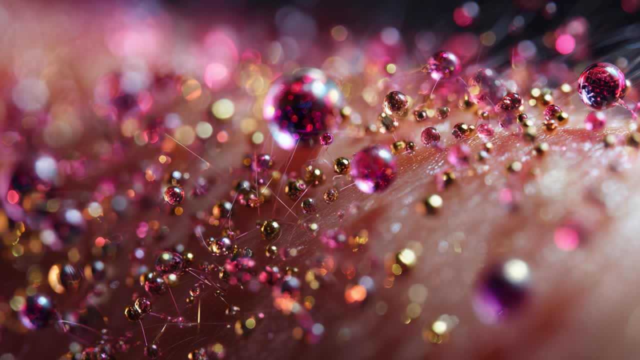A Close-Up View of Shimmering Drops and Glittering Particles on Skin, Showcasing the Intricate Beauty of Nature's Miniature World in Vibrant Colors and Exotic Textures