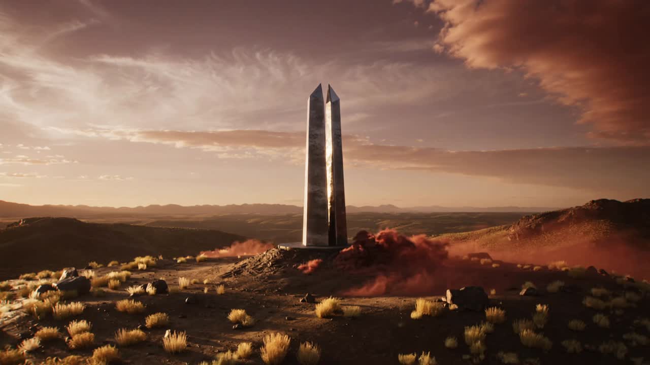 Emitting twin-spire monolith releasing red dust plume from base on desert plain, venting energy
