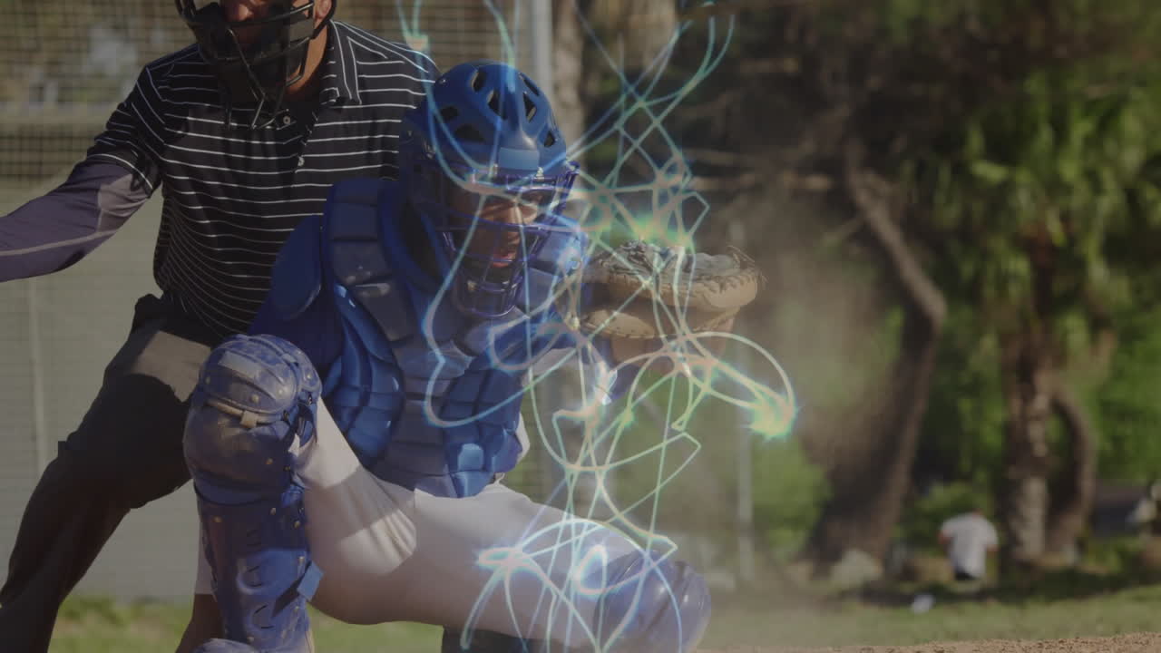 In school, animation of baseball catcher in blue gear with dynamic light trails