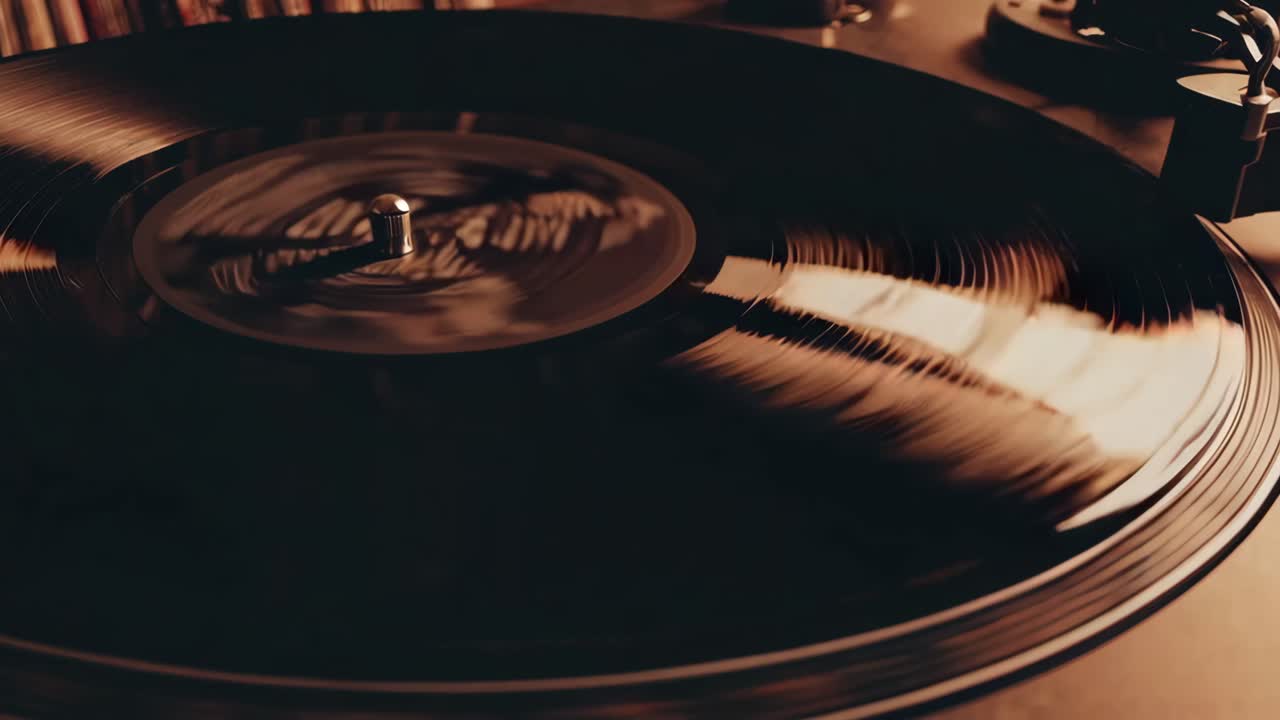 Close-up, angled shot of a spinning vinyl record, capturing the nostalgic vibe of analog music