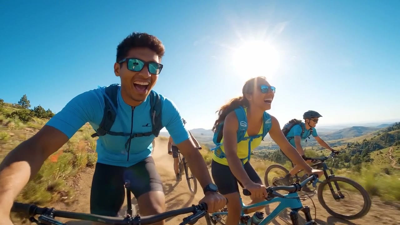 A group of friends enjoying an exhilarating mountain bike ride under a bright sun, capturing the joy of outdoor adventure in stunning natural scenery.