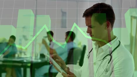 animation of statistical data processing over caucasian male doctor using digital tablet at hospital