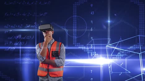 trabajadores del sitio usando auriculares vr sobre un fondo animado.