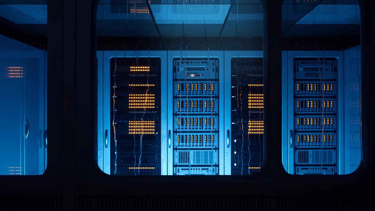 Vista frontale attraverso alti pannelli di vetro bagnati nell'interno di un datacenter sicuro, dove tre rack di server brillano con LED arancioni, alloggiamenti per unità impilati, frontali in rete metallica, riflessi, simmetria e luce fredda.