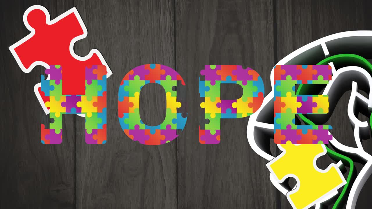 인간 머리 위에 떨어지는 퍼즐의 애니메이션, 미로, 퍼즐로 형성된 희망 텍스트