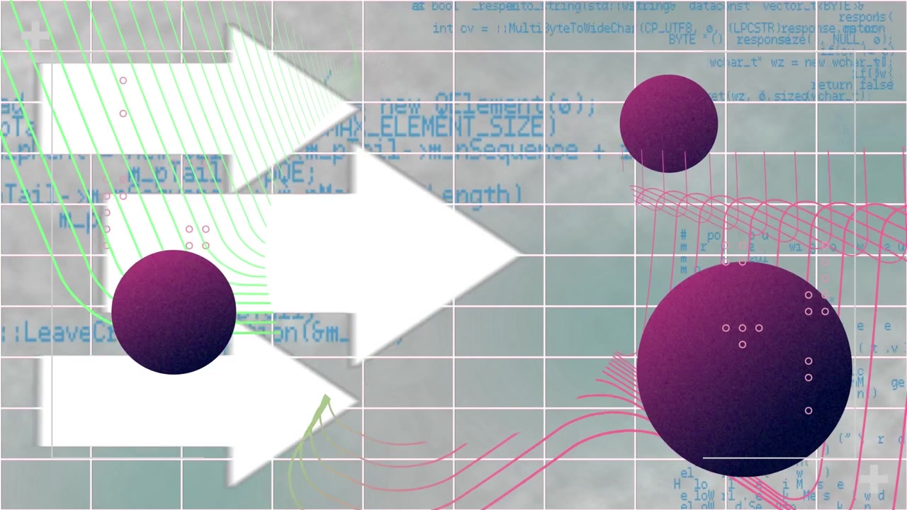 Animation of spheres and arrows over data processing on grey background