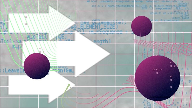Animation of spheres and arrows over data processing on grey background