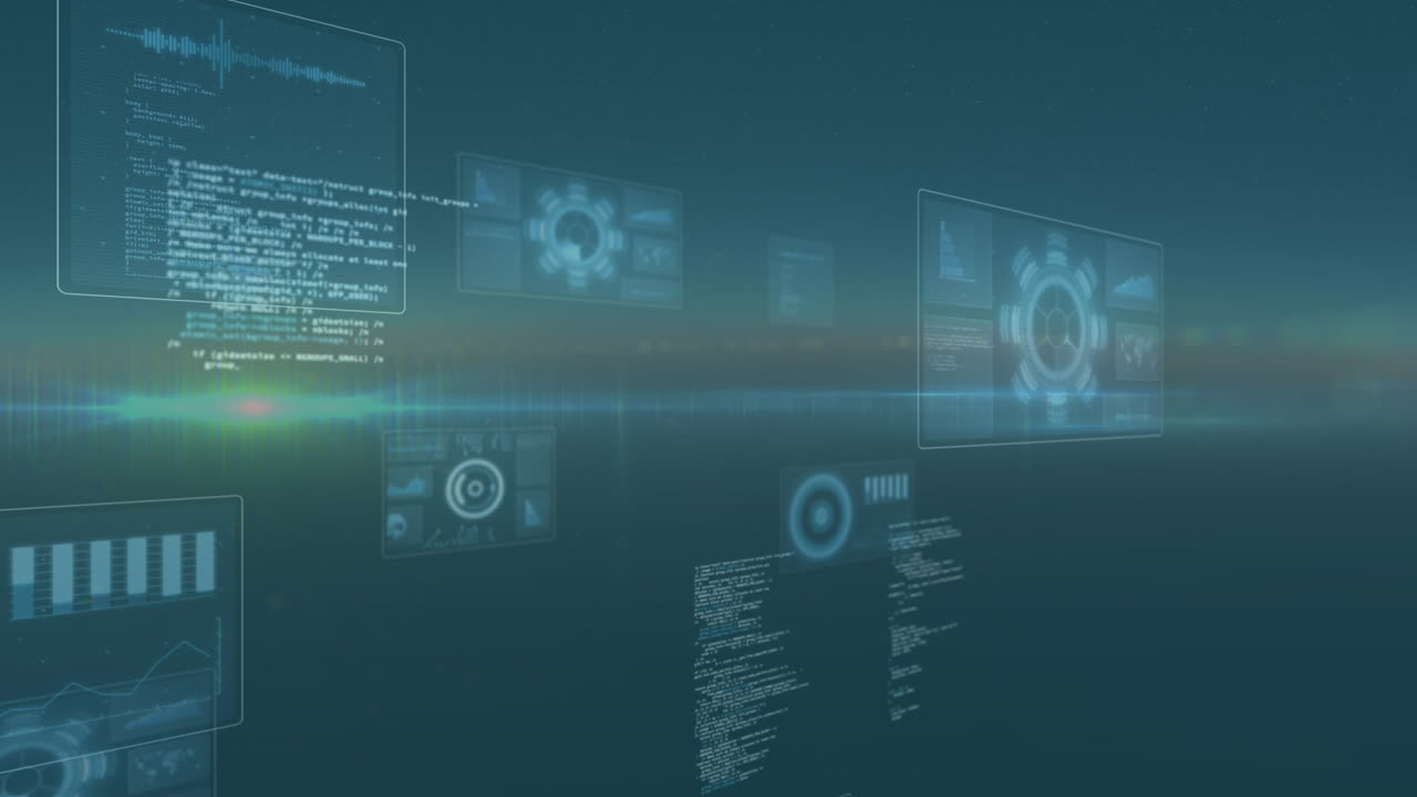 Animation of round scanners and data processing over light spot against blue background