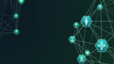 Animation-of-two-globes-of-network-connections-with-green-and-blue-health-icons