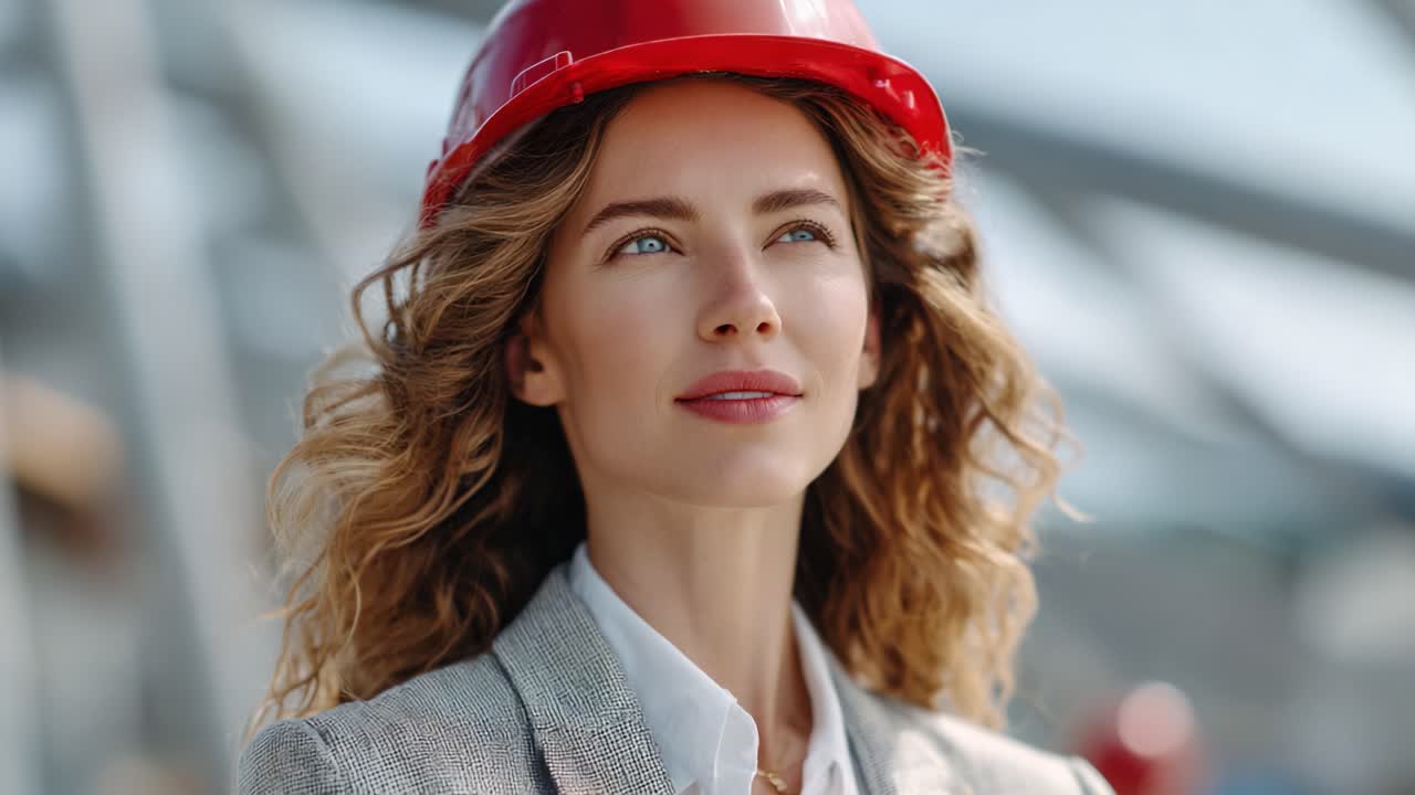 Confident Woman in Red Hard Hat Reflecting on Her Work and Future in Construction, Embracing Leadership and Innovation as a Professional in the Industry