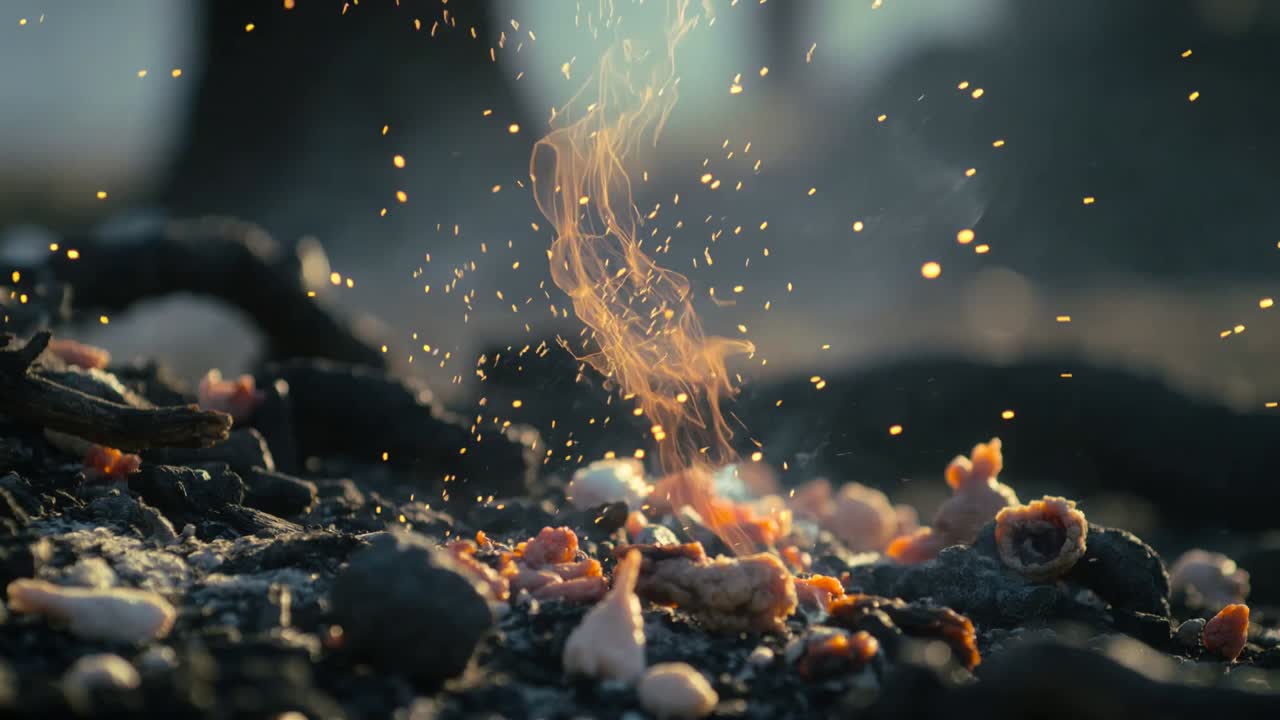 Braci ardenti che accendono una fiamma sottile, sprigionando scintille dorate e un sottile fumo su un terreno bruciato