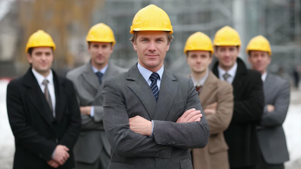 Group of Professionals in Hard Hats Showcasing Leadership and Teamwork in an Engineering Environment, Exuding Confidence and Commitment to Safety Standards