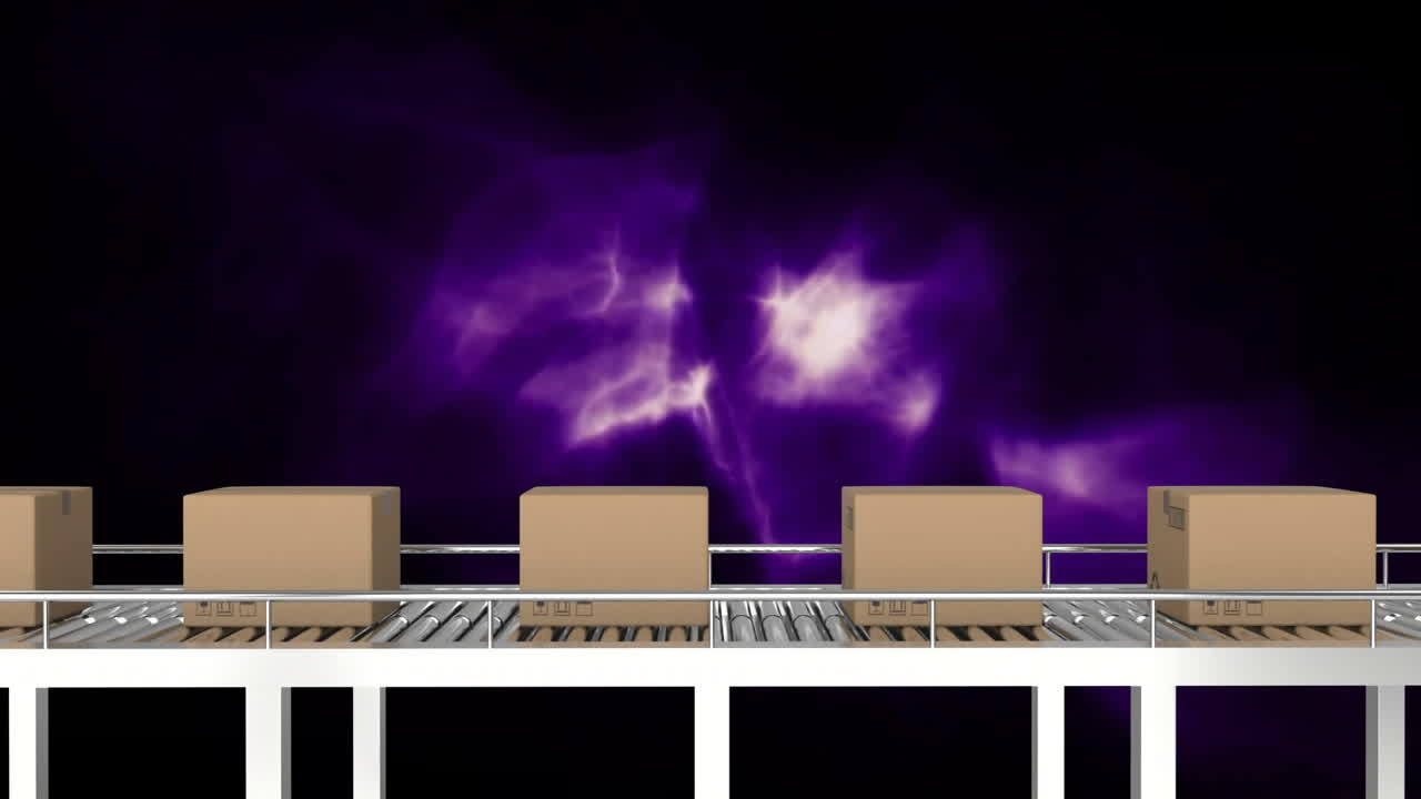 Animation of cartons moving on conveyor belt over blue shapes