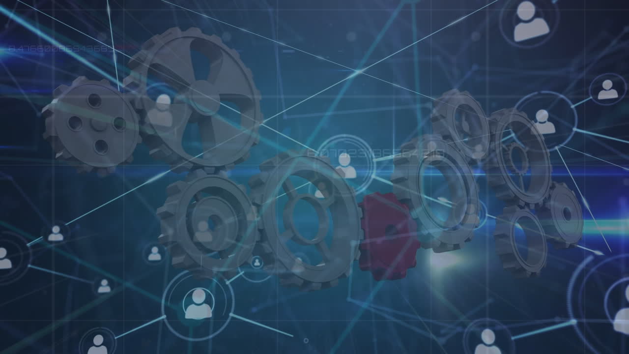 Animation of network of connections with people icons over cogs processing and grid