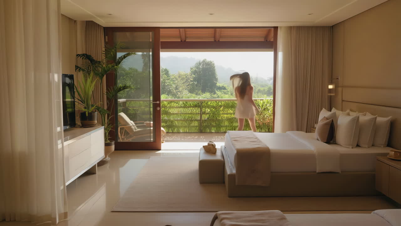 Woman walks to balcony in luxurious hotel room overlooking tropical view