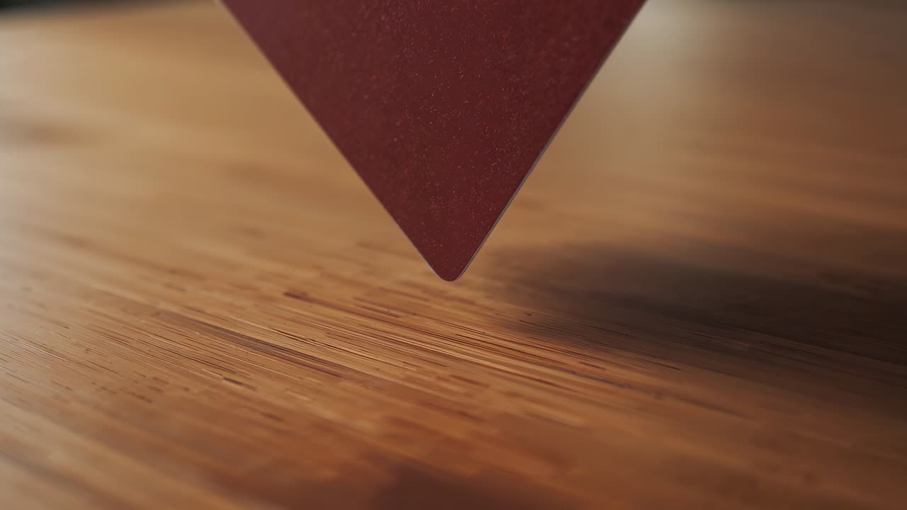 Falling by gravity maroon coaster rotating and settling onto wood table, showing metal edge