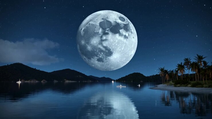 Lua cheia nascente projetando reflexo sobre baía noturna calma, guiando a luz de um pequeno barco em direção à costa.
