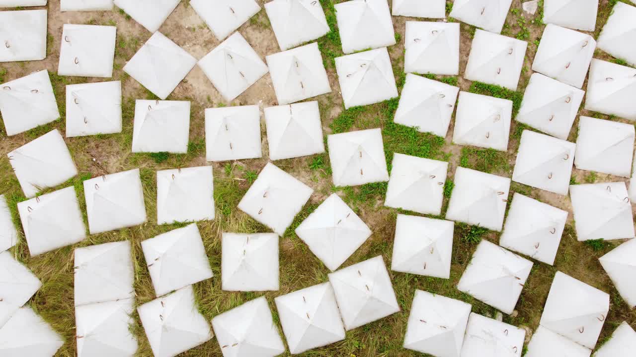 Aerial view of many Military dragon teeth defense mechanism. Anti tank fortification