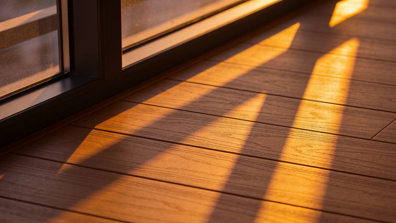 Shifting sunlight casting diagonal shadows across wood floor near glass door, sun angle moving