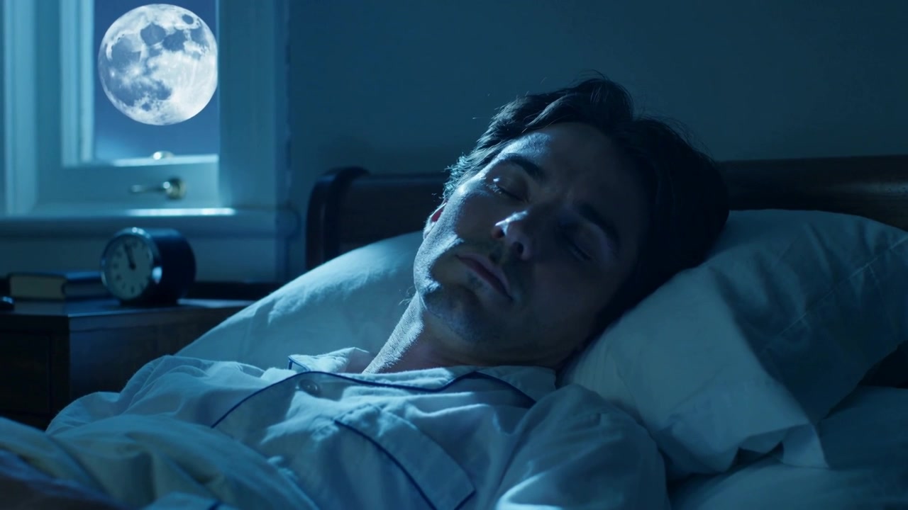 Uomo adulto che fissa, reagendo al bagliore intermittente della luna e addormentandosi accanto al letto, orologio, libri.