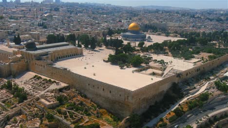 ancient old city dome of the rock mosque, aerial view