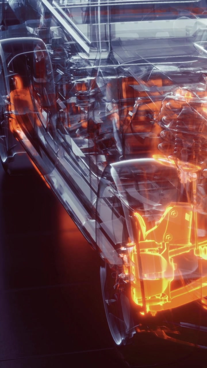 Clear car design with visible internal mechanics and glowing lights on display