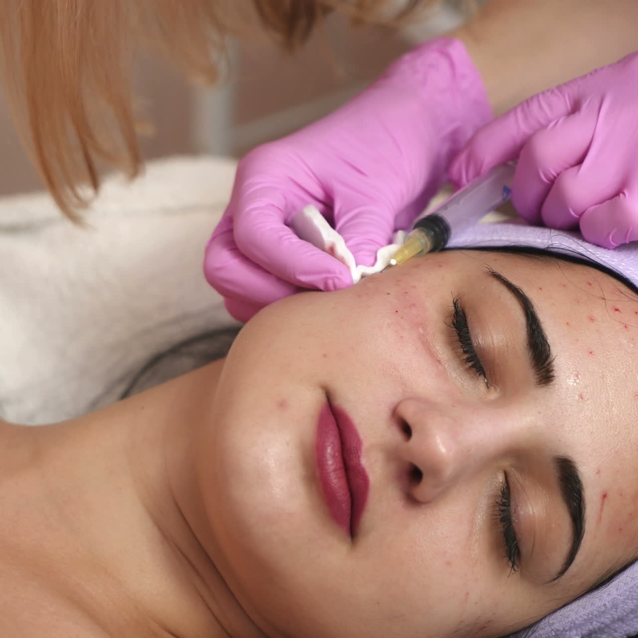 Young beautiful dark-haired woman gets rejuvenating facial injections. Work of the cosmetologist. Aesthetic cosmetology.