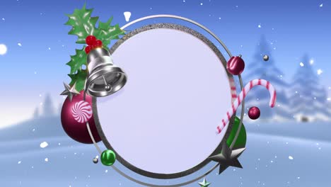 Animation-of-snow-and-christmas-decorations-around-blank-white-circular-sign-over-winter-landscape