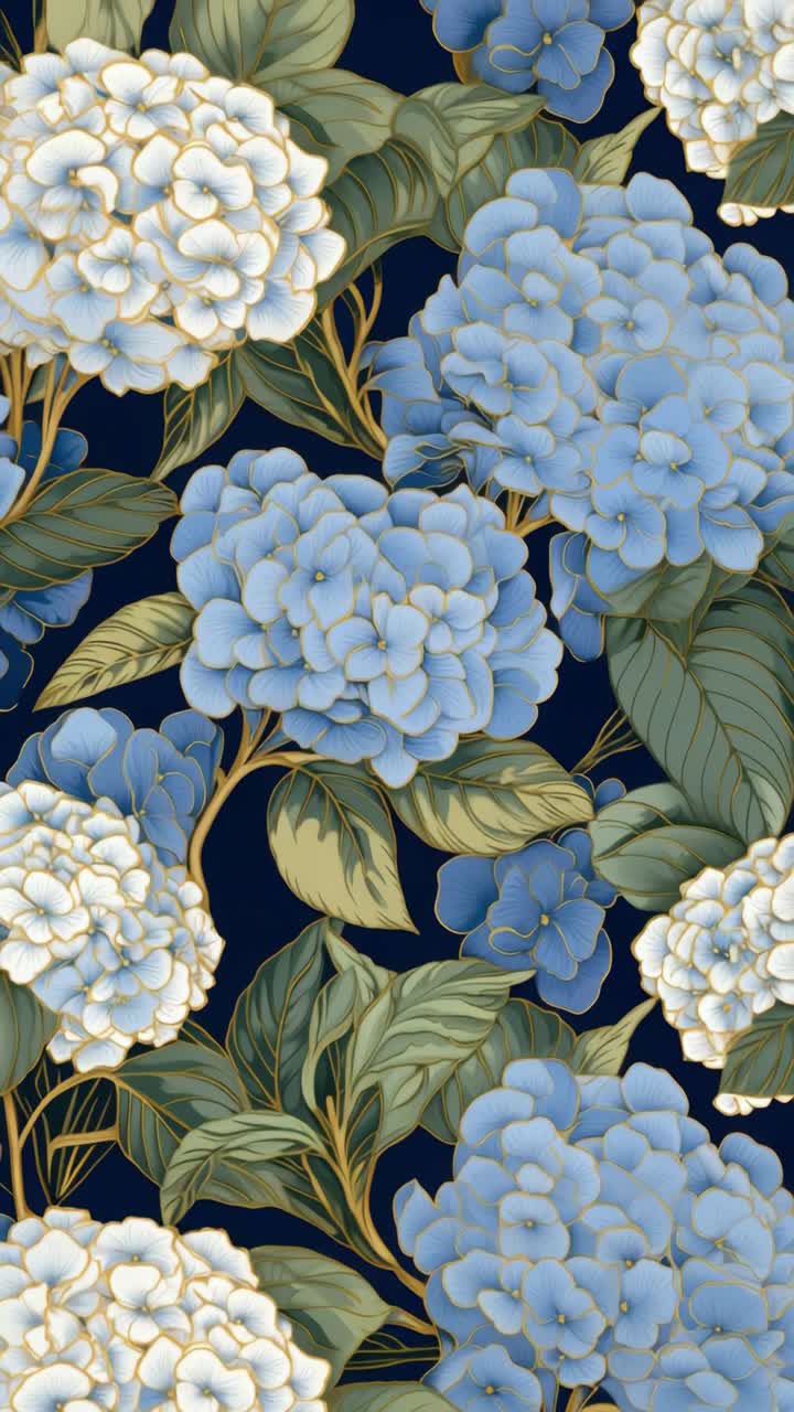 Elegante motivo floreale con ortensie bianche e blu, visto dall'alto