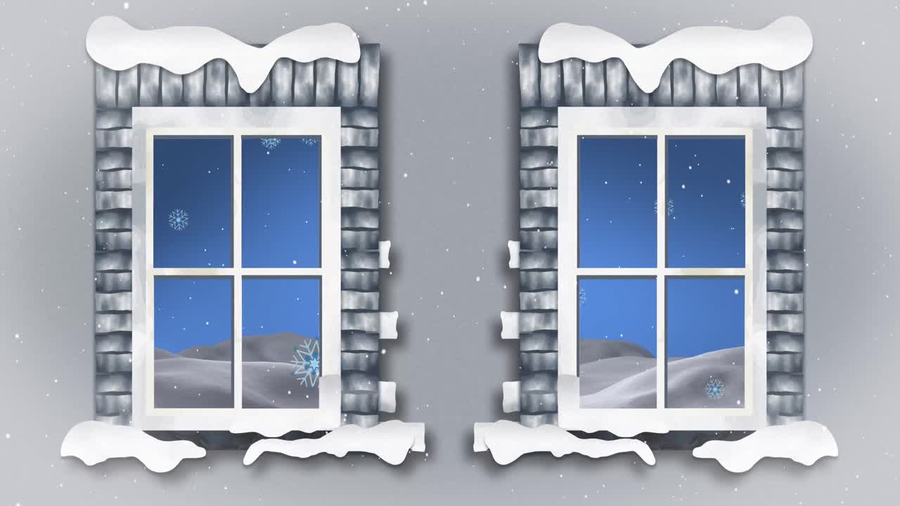 Animasjon av julevinterlandskap og snøfall sett gjennom vinduer