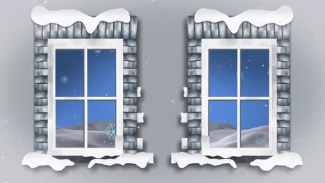 Animation-Einer-Weihnachtlichen-Winterlandschaft-Und-Fallendem-Schnee,-Gesehen-Durch-Fenster