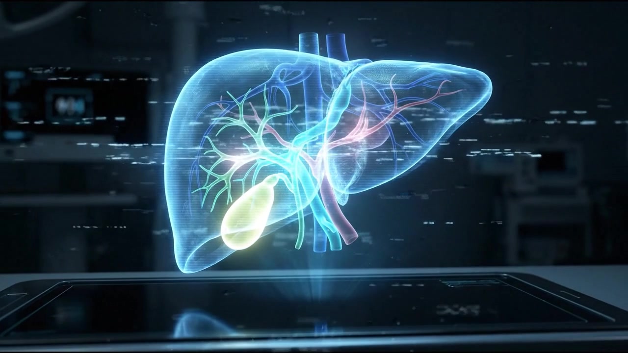Glowing 3D human liver model on futuristic computer display screen