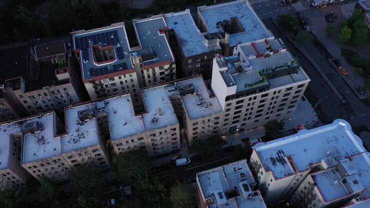 Imagens aéreas sobre um campo de beisebol e telhados no bairro do Harlem, em Nova York, logo após o nascer do sol.